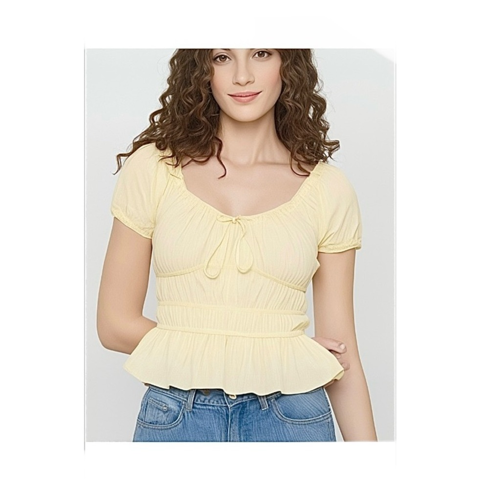 Sim & Sam Cotton Milkmaid Embroidery Trim PoplinTop Blouse Butter Yellow Medium